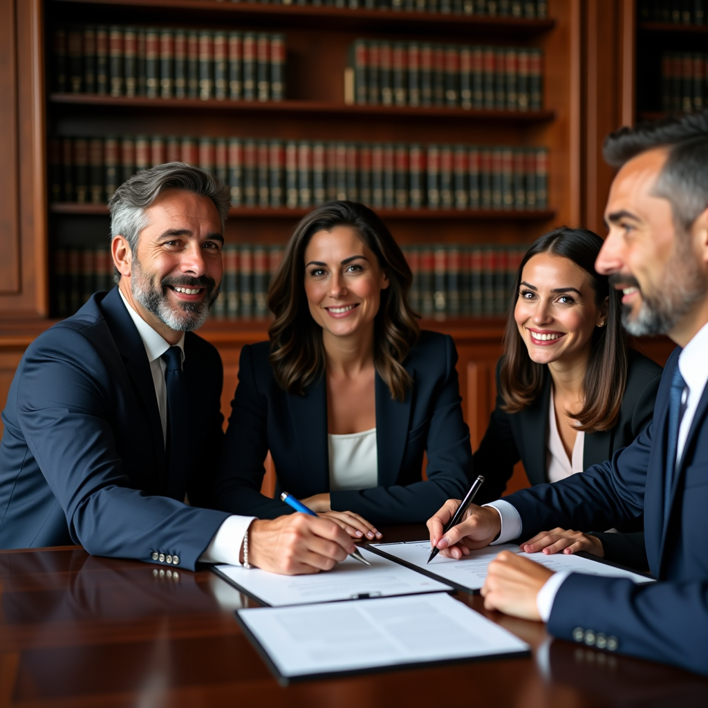 Famiglia italiana in ufficio notarile elegante che firma documenti di successione aziendale con consulente finanziario professionale in ambiente formale con libreria di legge sullo sfondo