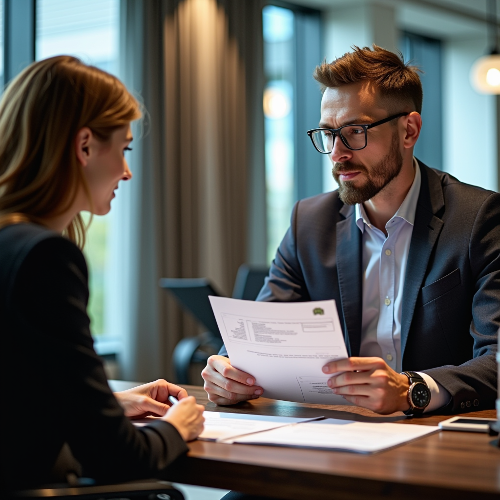 Consulente finanziario professionista che analizza documenti di finanziamento personalizzato con cliente in ufficio moderno, ambiente professionale con scrivania elegante e tecnologia