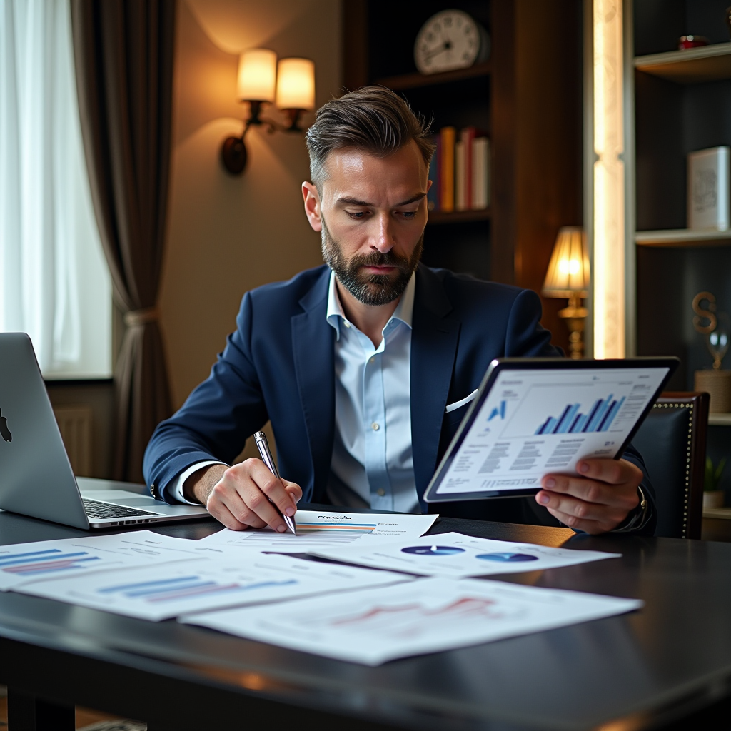 Consulente finanziario professionista di ONEOSIX S.P.A. che analizza documenti finanziari e grafici di pianificazione strategica su un tavolo moderno in ufficio elegante a Verona, con laptop e tablet che mostrano dashboard di gestione patrimoniale