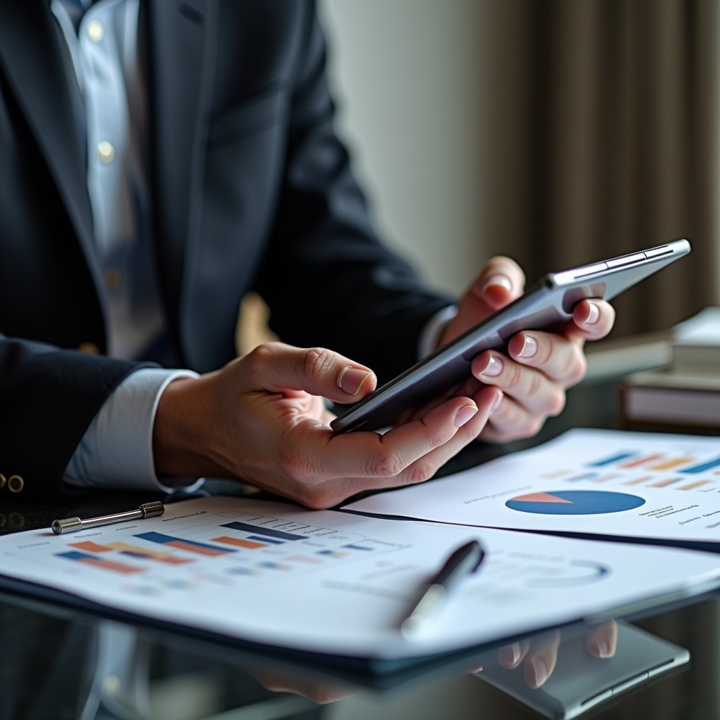 Consulente certificato che presenta strategie di gestione patrimoniale diversificate su tablet digitale a cliente, grafici finanziari e documenti professionali su tavolo elegante