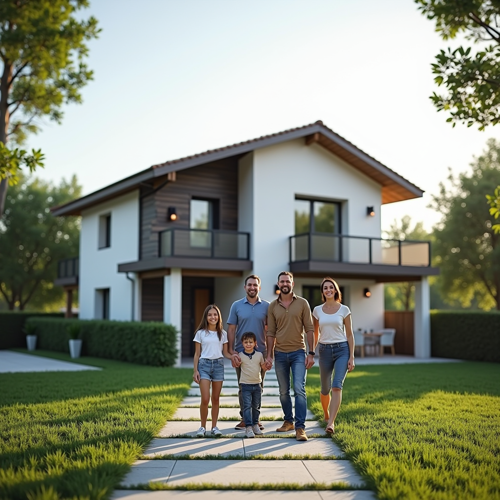 Bella casa moderna italiana con giardino curato, famiglia felice davanti alla loro nuova abitazione, chiavi in mano e documenti di proprietà, ambiente luminoso e accogliente