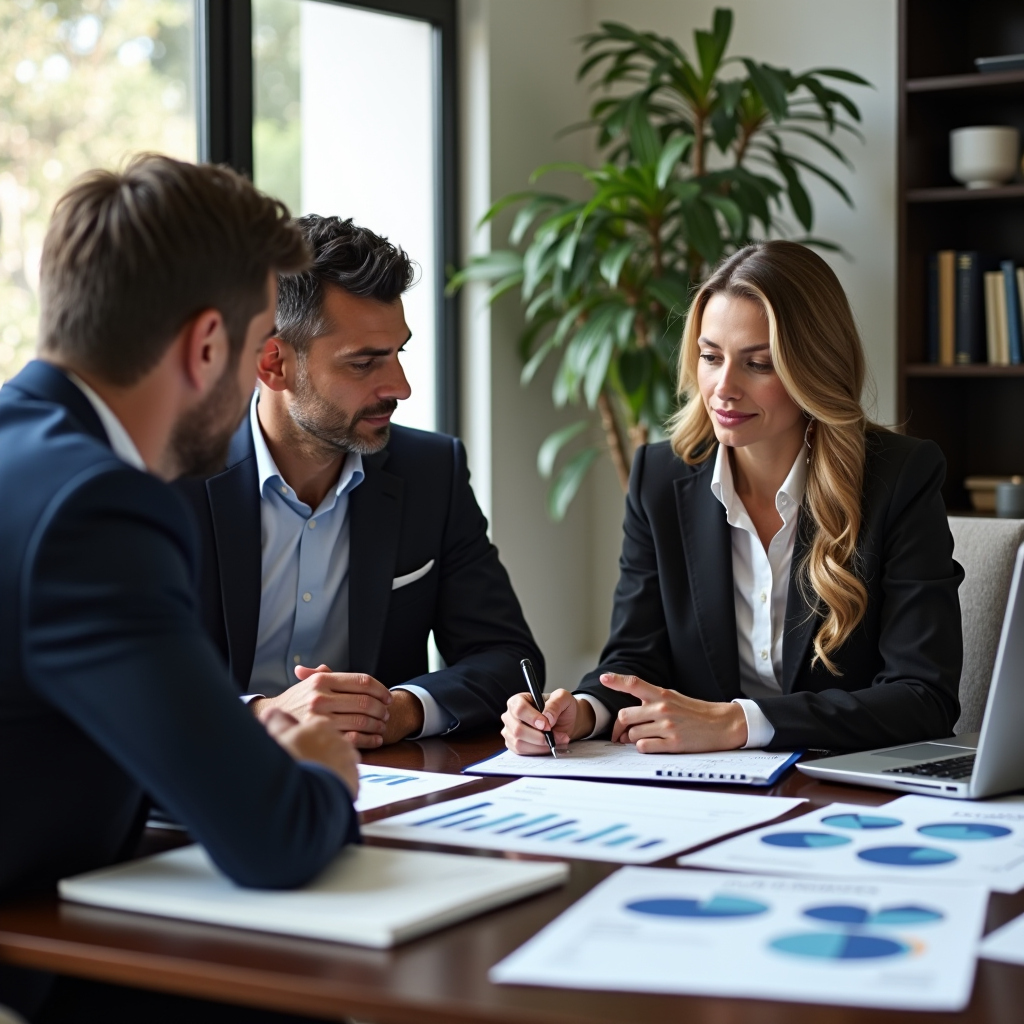 Famiglia italiana elegante in consulenza con professionista finanziario in ufficio moderno, con documenti di pianificazione patrimoniale e grafici di diversificazione asset sul tavolo